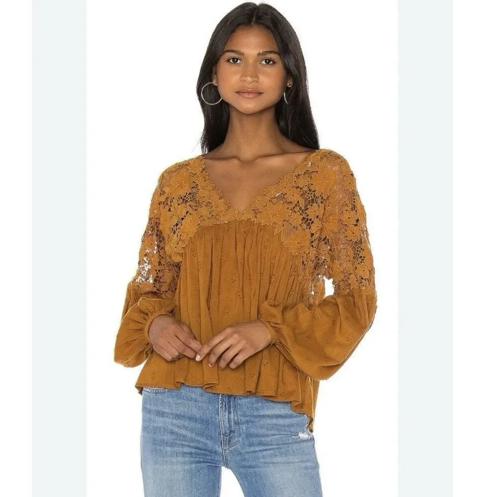 Free People Lina Lace Top Bronze XS Crochet Boho Romantic Long Sleeve Blouse